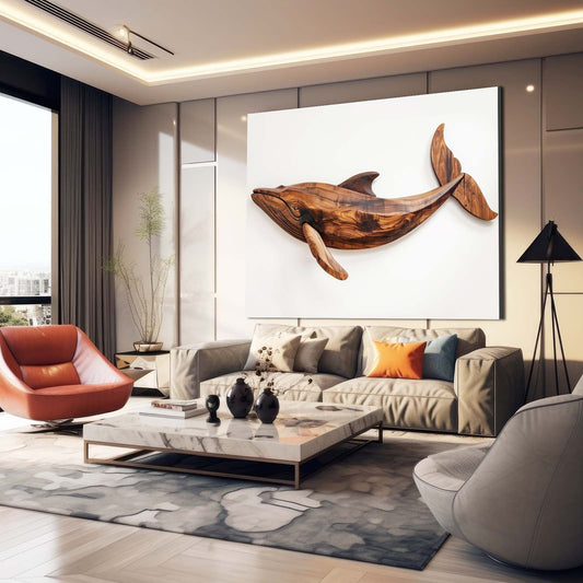 Wooden Whale Print Art — nature canvas print in orange tones, view 3