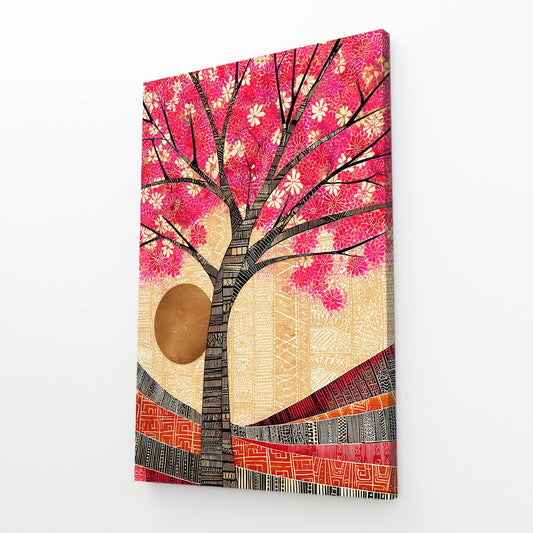 Woven Sun Tree Cherry Blossom Prints – angled canvas view on white background