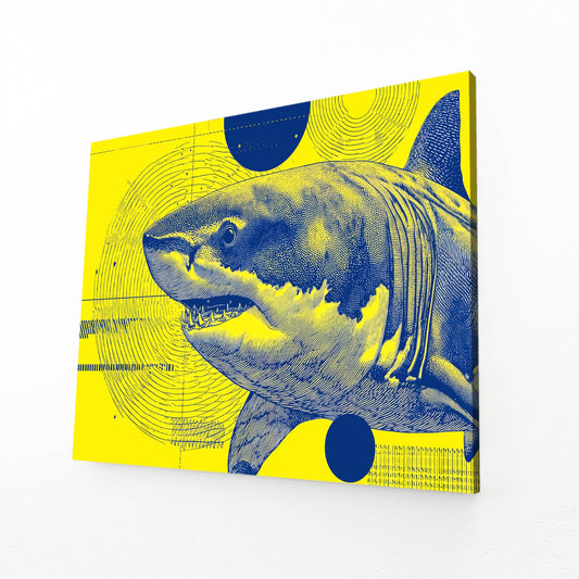Yellow and Blue Pop Shark Prints – angled canvas view on white background