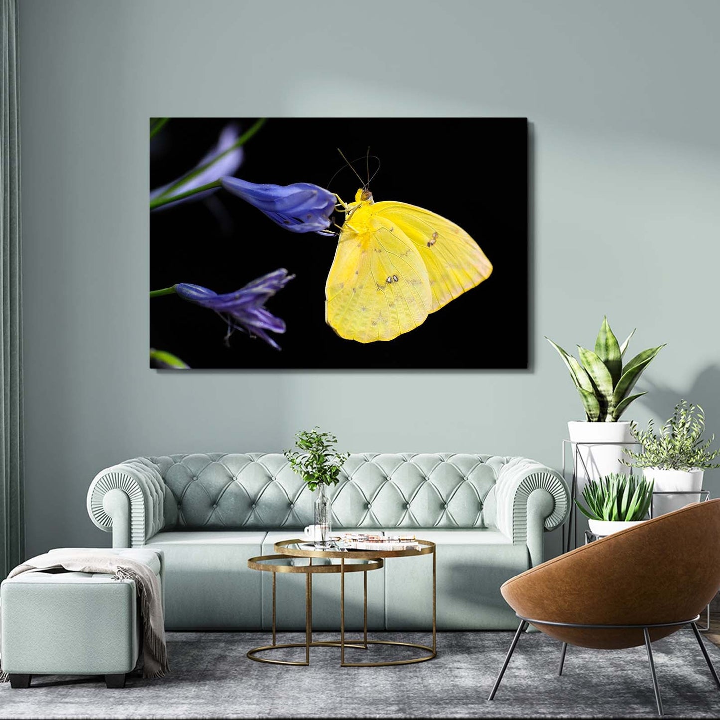 Yellow Butterfly On Purple Flowers Wall Art