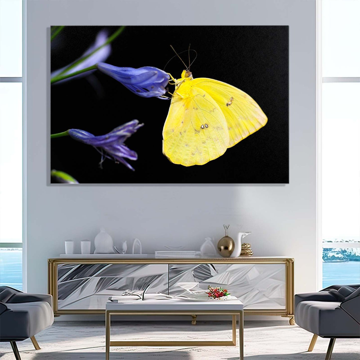 Yellow Butterfly On Purple Flowers Wall Art