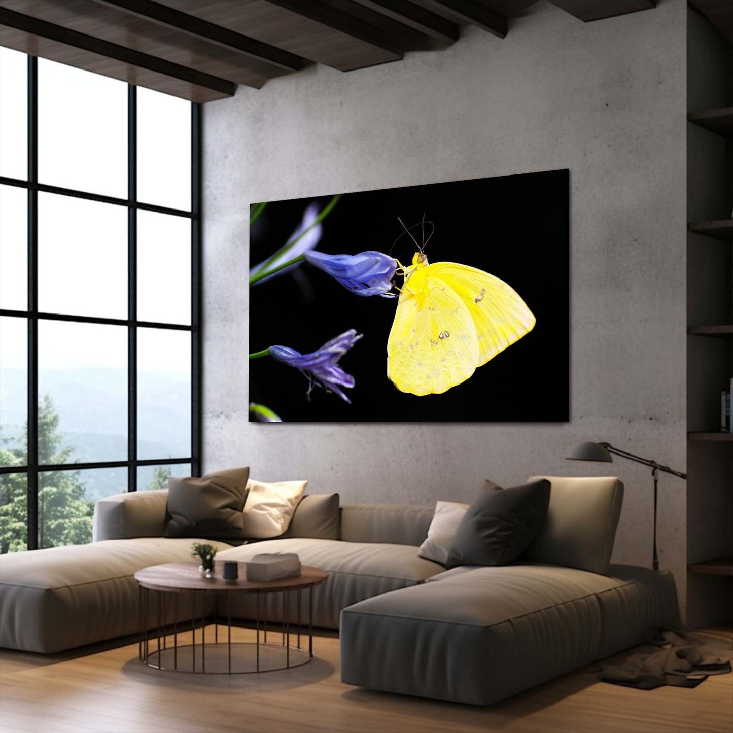 Yellow Butterfly On Purple Flowers Wall Art