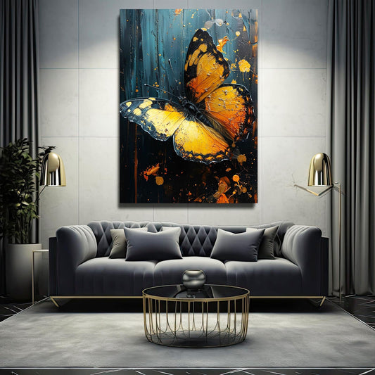 Yellow Butterfly Wall Artwork — abstract canvas print in blue tones, view 3