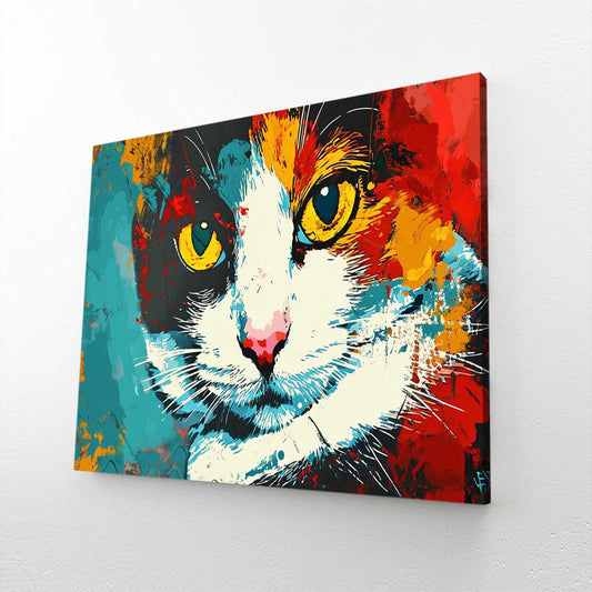 Yellow Eyes Cat Art — abstract canvas print in blue tones, view 3
