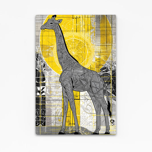 Giraffe illustration with geometric patterns and a yellow circle on a white background