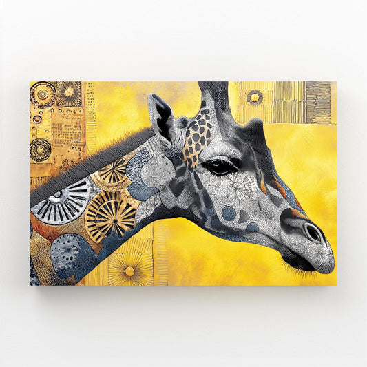 Canvas print of a giraffe's head with abstract patterns on a yellow background
