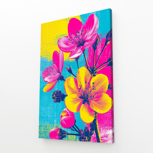 Yellow Pop Blooms Cherry Blossom Art – angled canvas view on white background
