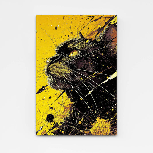 Yellow Wall Art Cat – angled canvas view on white background