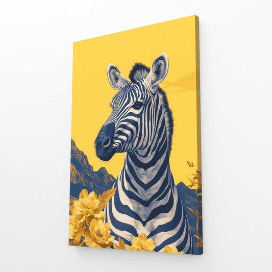 Yellow Zebra Wall Art – angled canvas view on white background