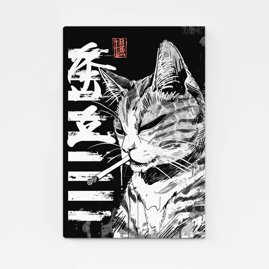 Zen Rebel Cat Wall Art — black and white canvas print in white tones, angled canvas view on white background