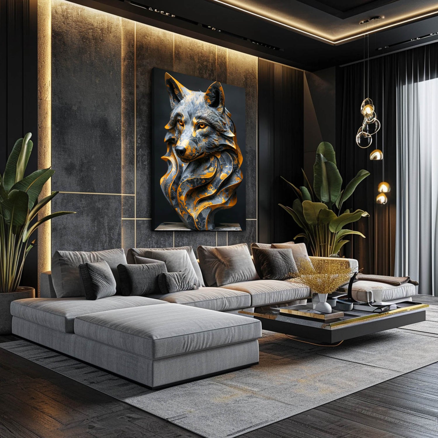 Gold and steel wolf canvas in a dark luxury man cave lounge — men cave wall art collection