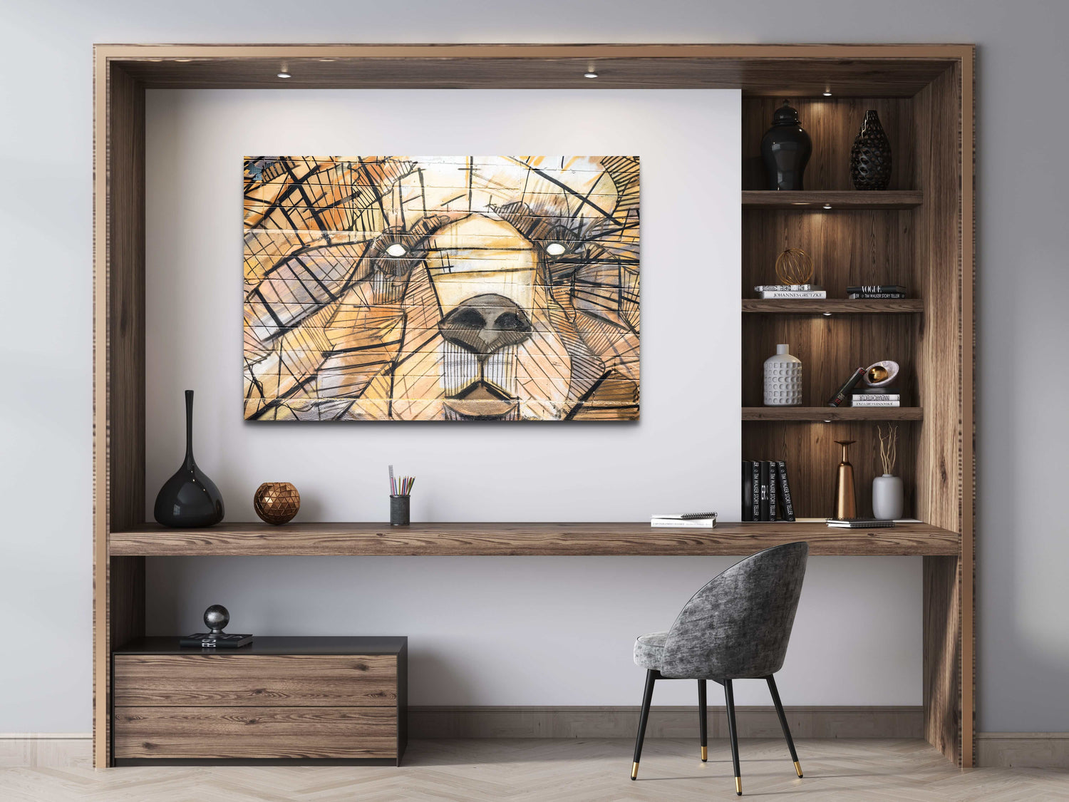 Geometric bear line art canvas above a home office desk — office wall art collection