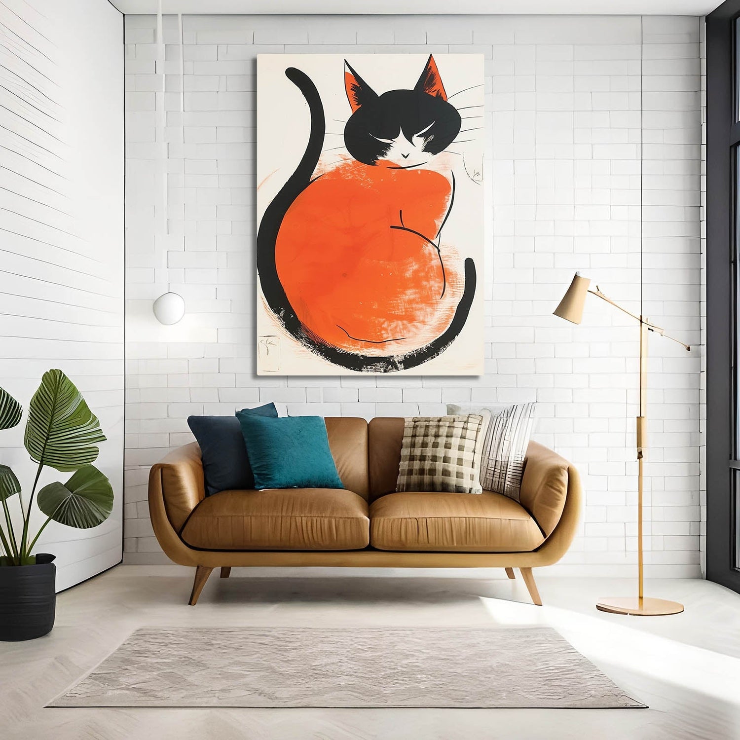 Minimalist orange and black cat art print above a tan leather sofa — living room wall art collection