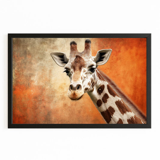 Framed artwork of a giraffe with a textured orange background