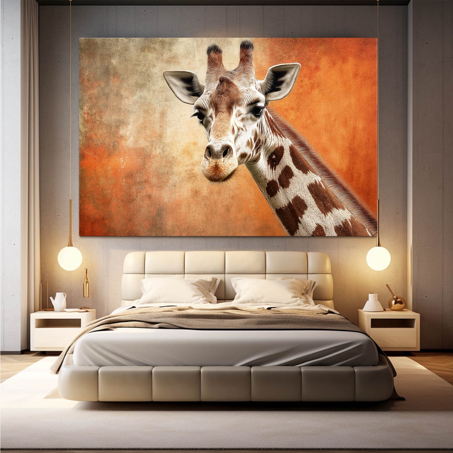 Bedroom with a large giraffe painting on the wall