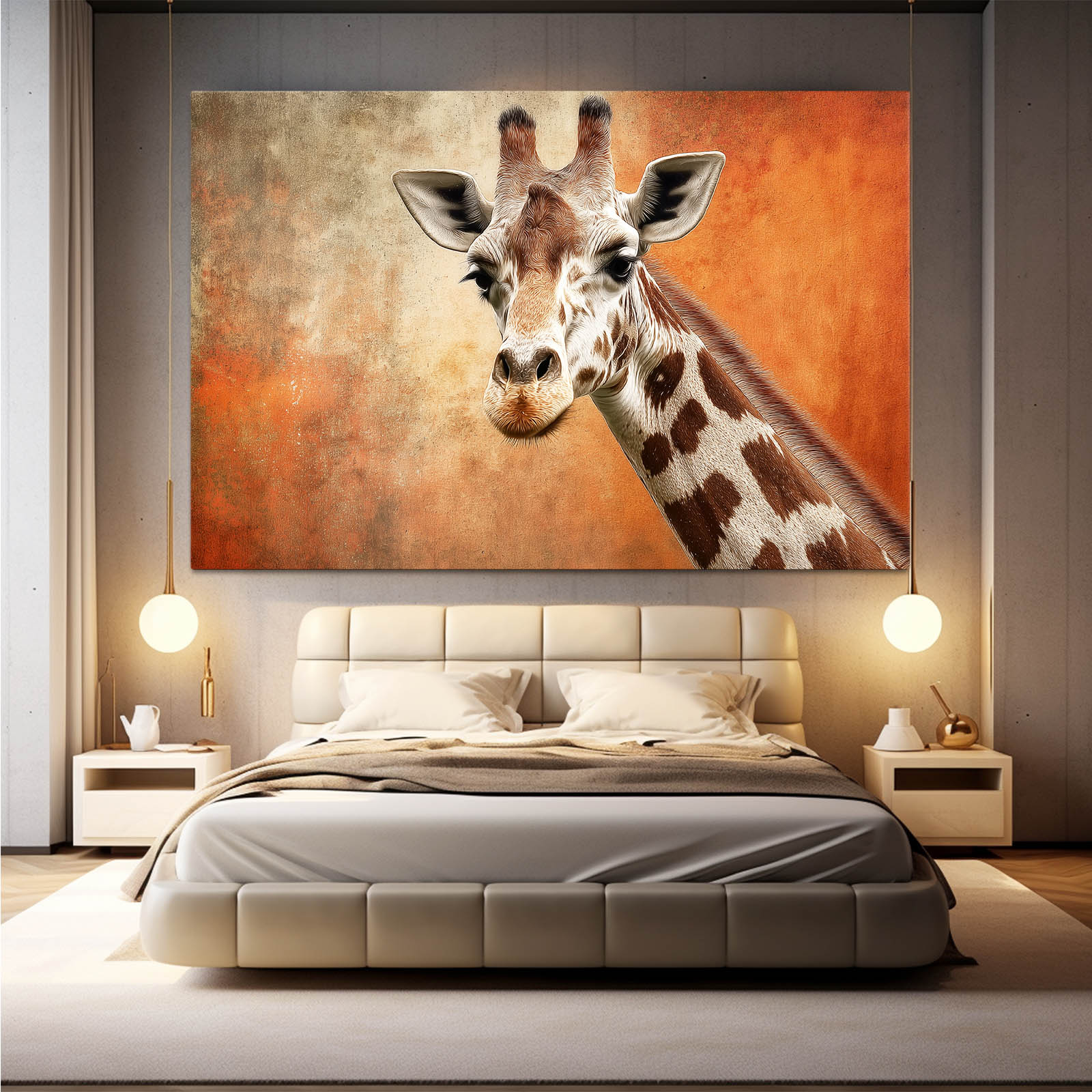 Bedroom with a large giraffe painting on the wall