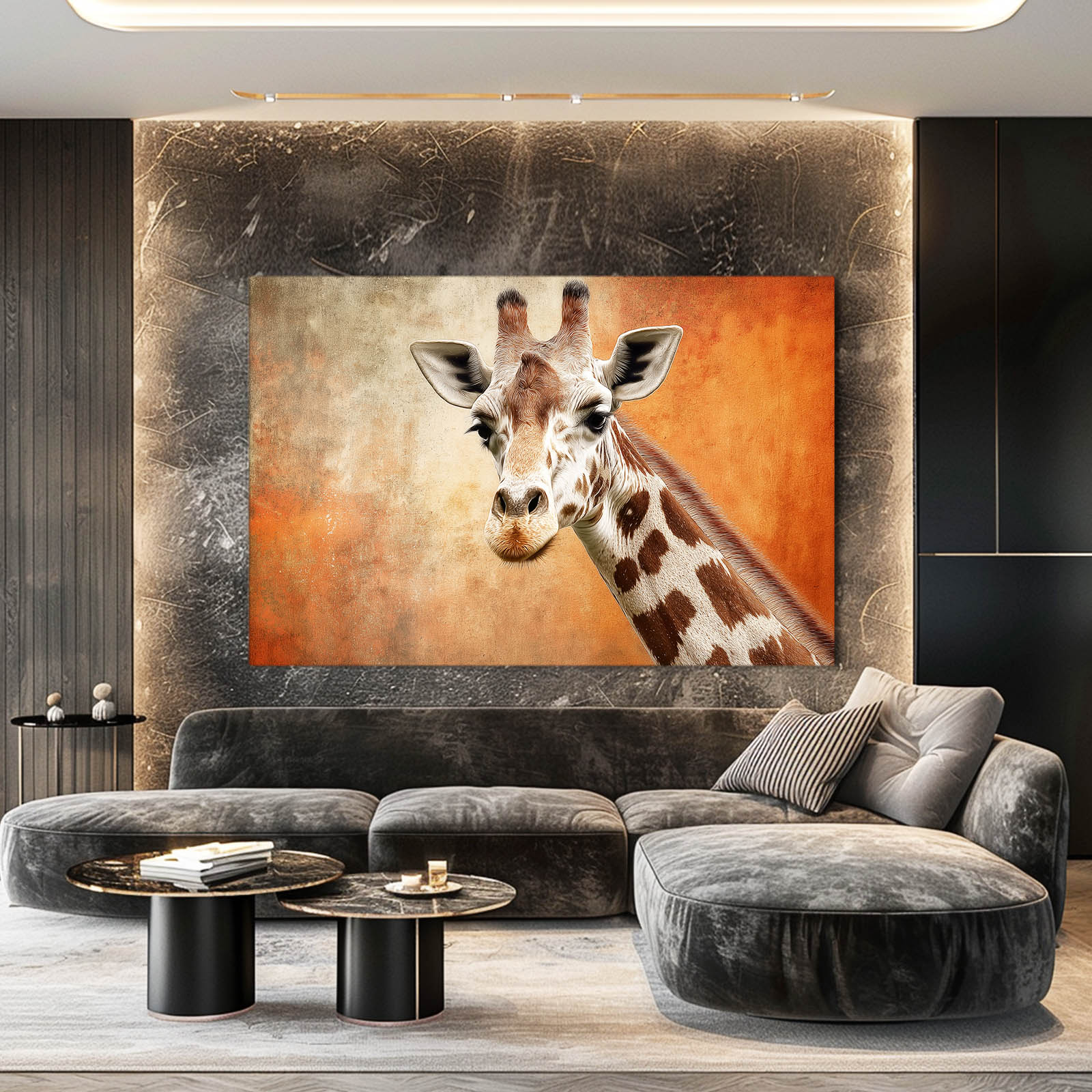 Modern living room with a large giraffe painting on the wall above a gray sectional sofa.