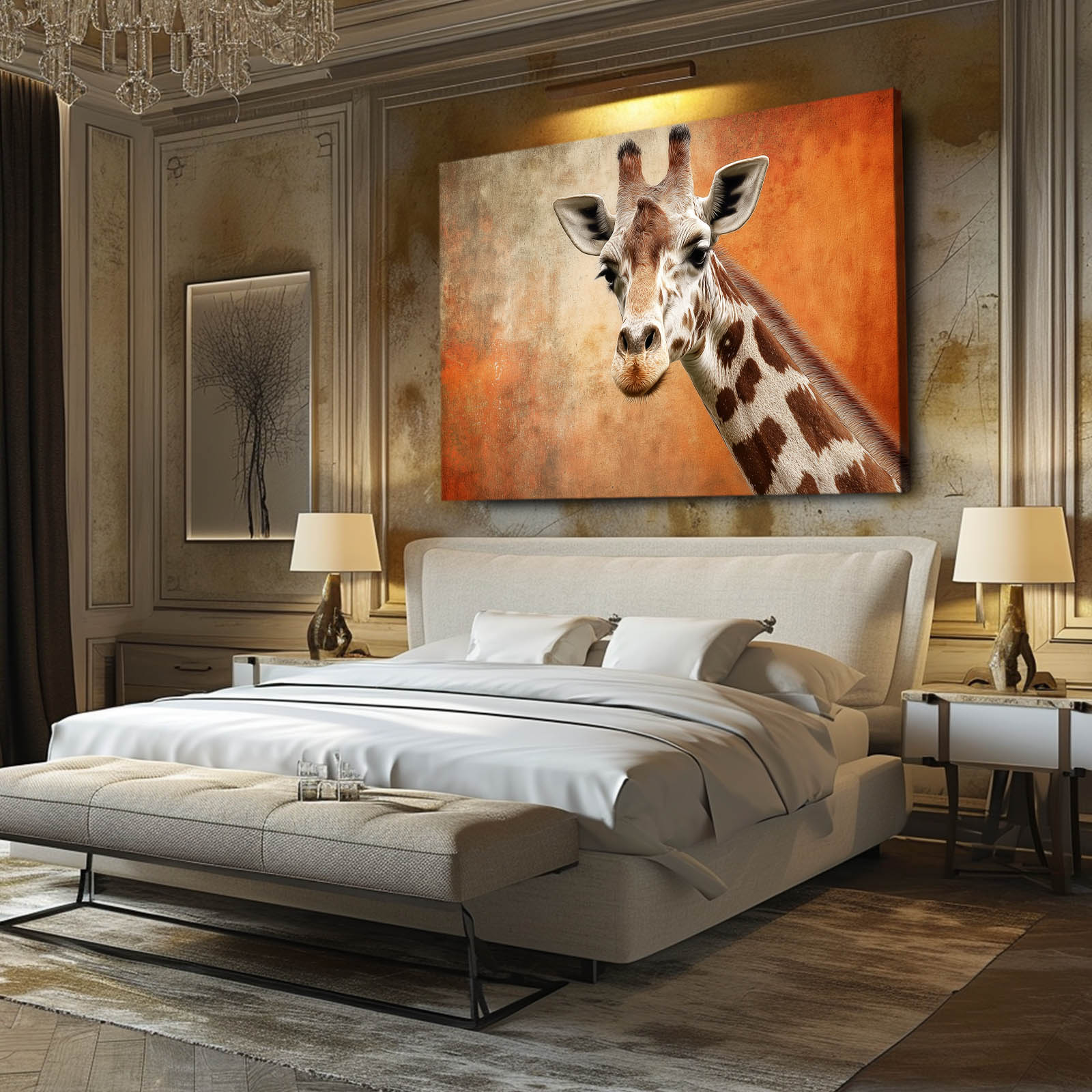 Modern bedroom with a large bed and a painting of a giraffe on the wall.