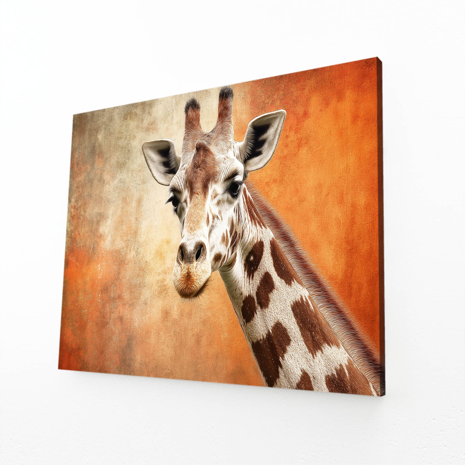 Canvas print of a giraffe with an orange and brown background