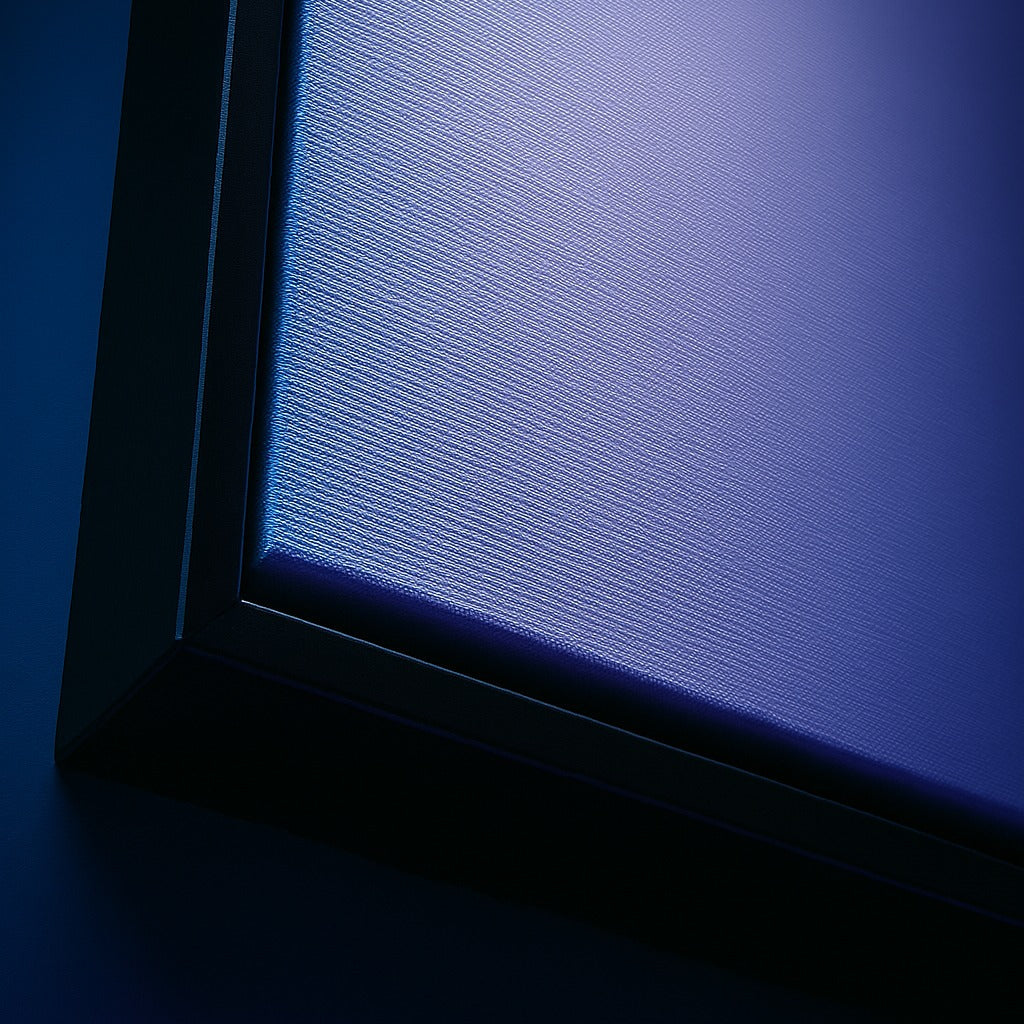 Close-up of a textured blue panel with a black frame on a dark background
