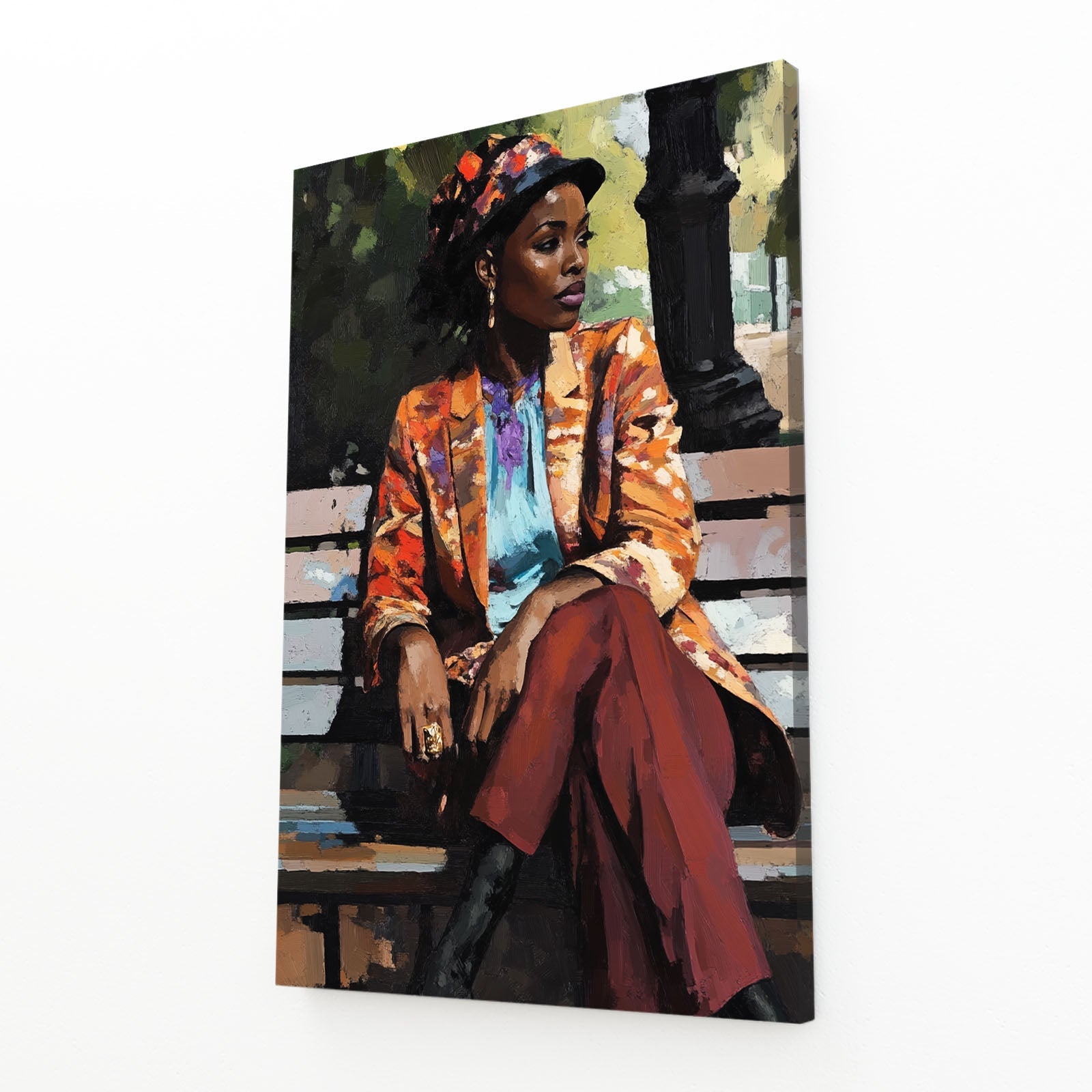 Women Sitting African Wall Art — portrait canvas print in red tones, view 2