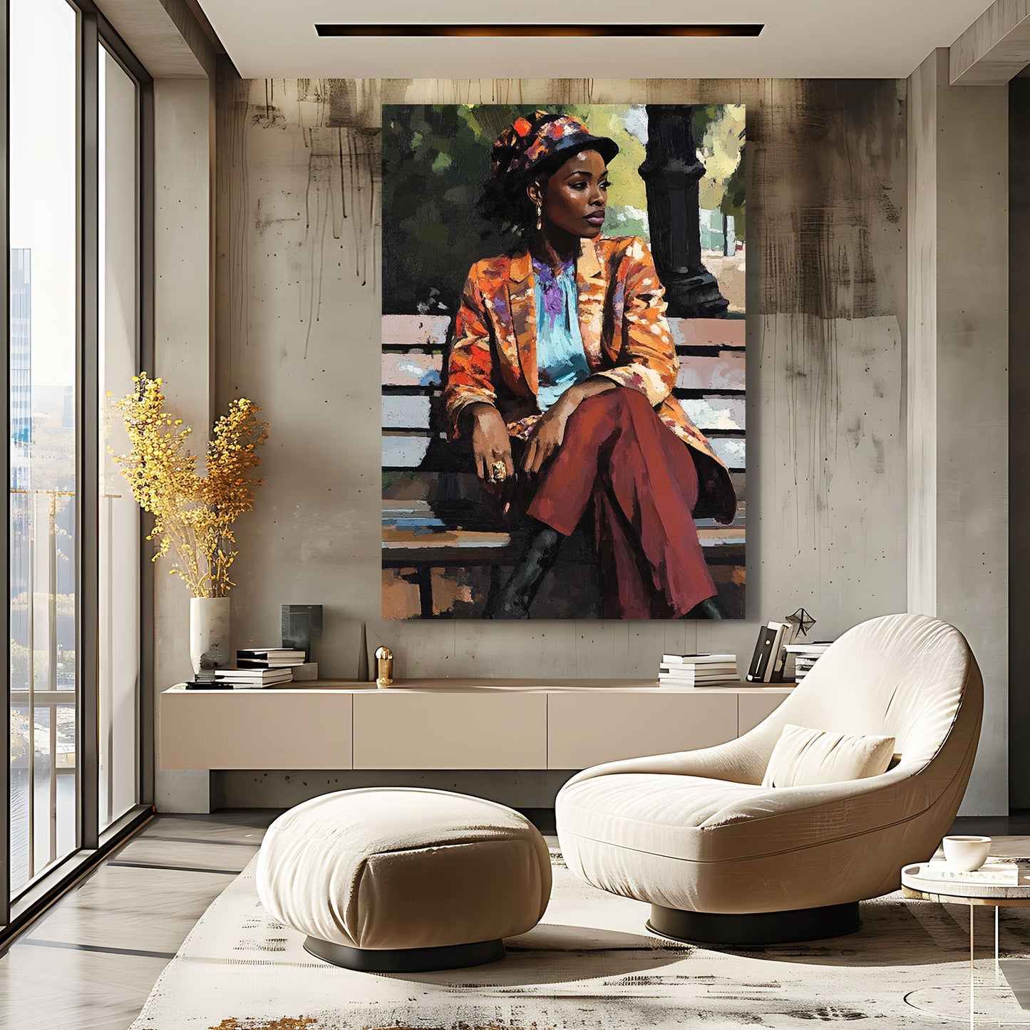 Women Sitting African Wall Art — portrait canvas print in red tones, view 3