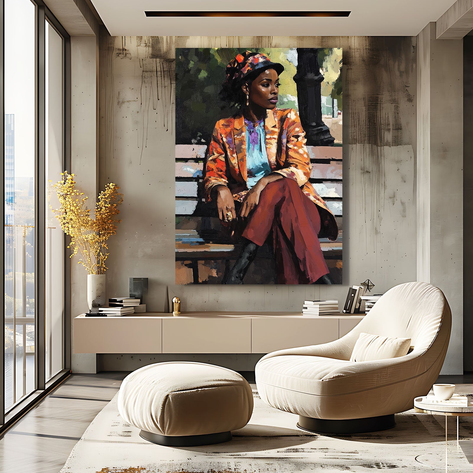 Women Sitting African Wall Art — portrait canvas print in red tones, view 3