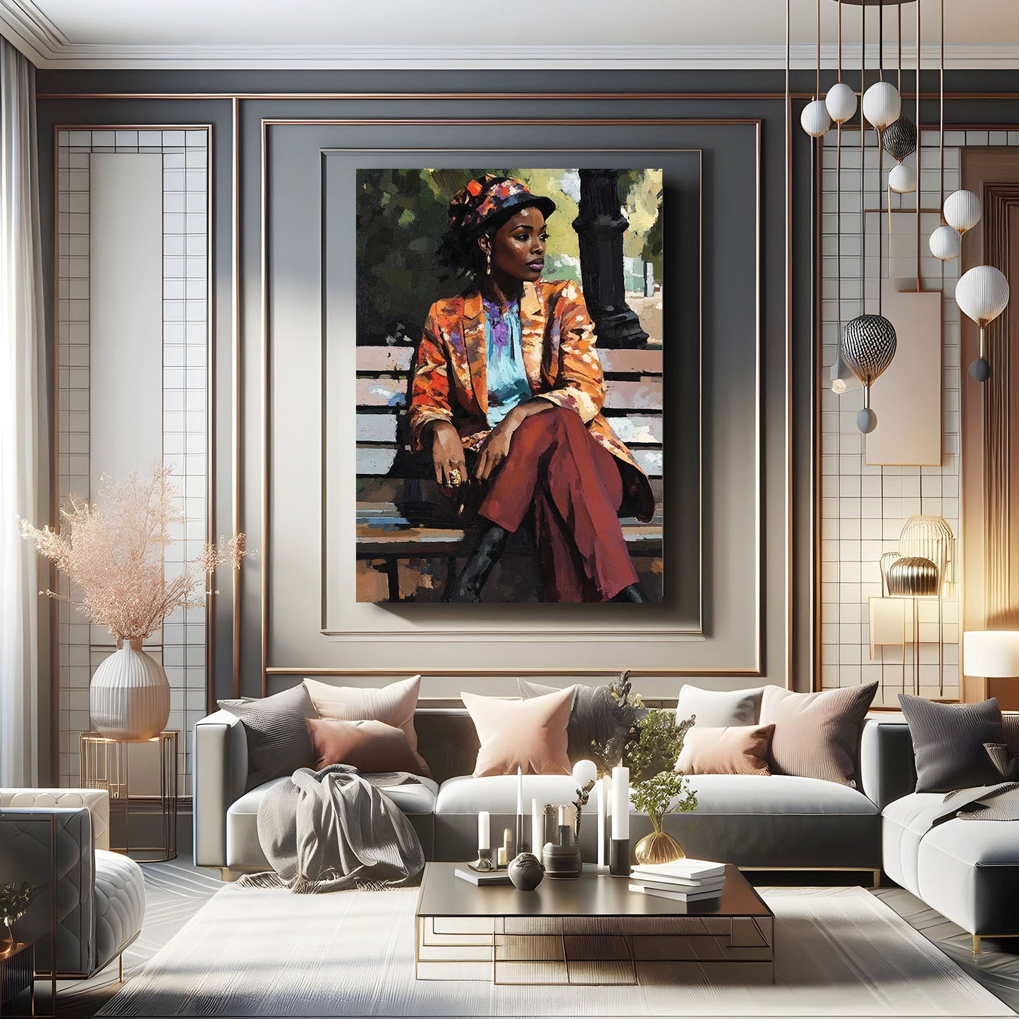 Women Sitting African Wall Art — portrait canvas print in red tones, view 5