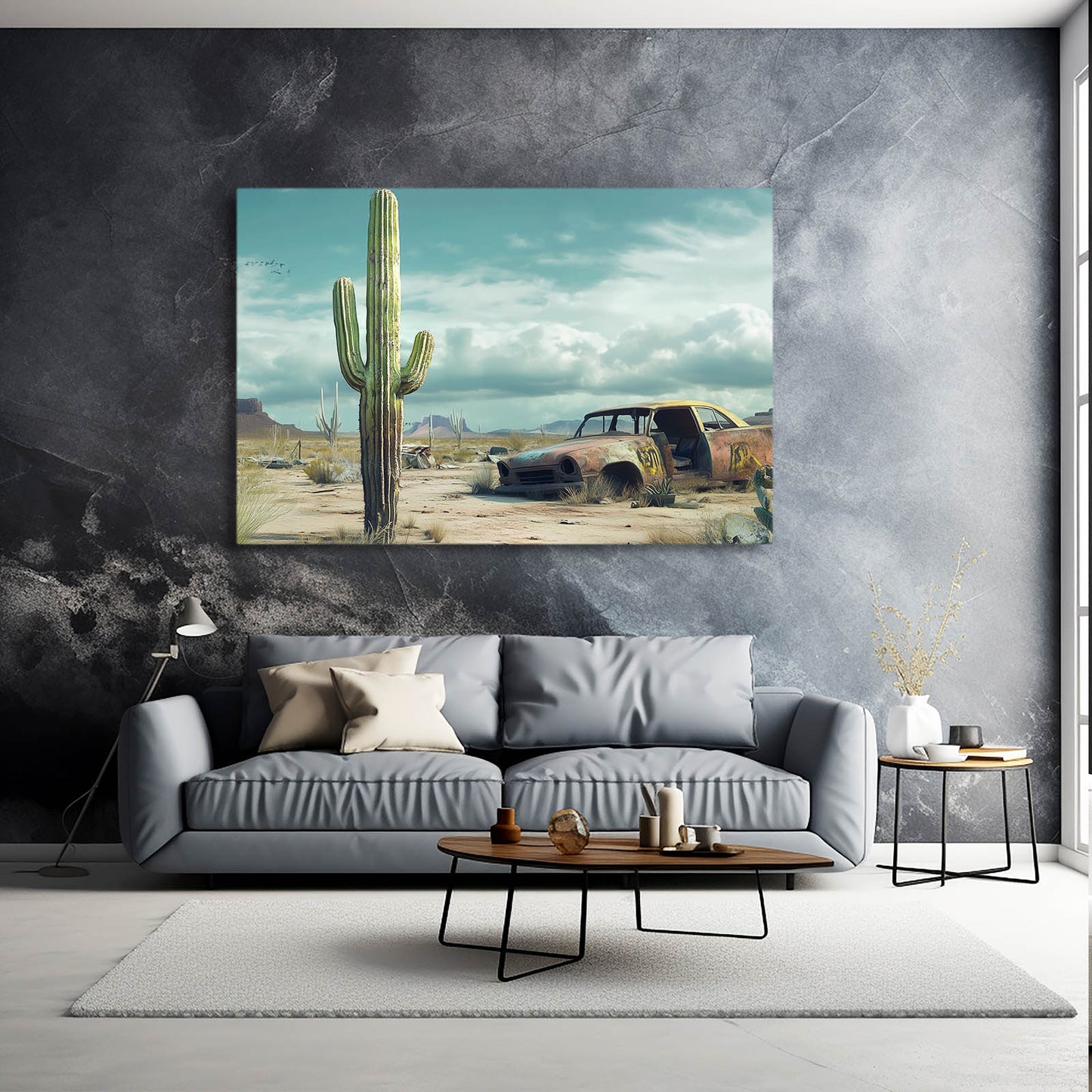 Abandoned Desert Car Cactus Prints – styled in a furnished interior