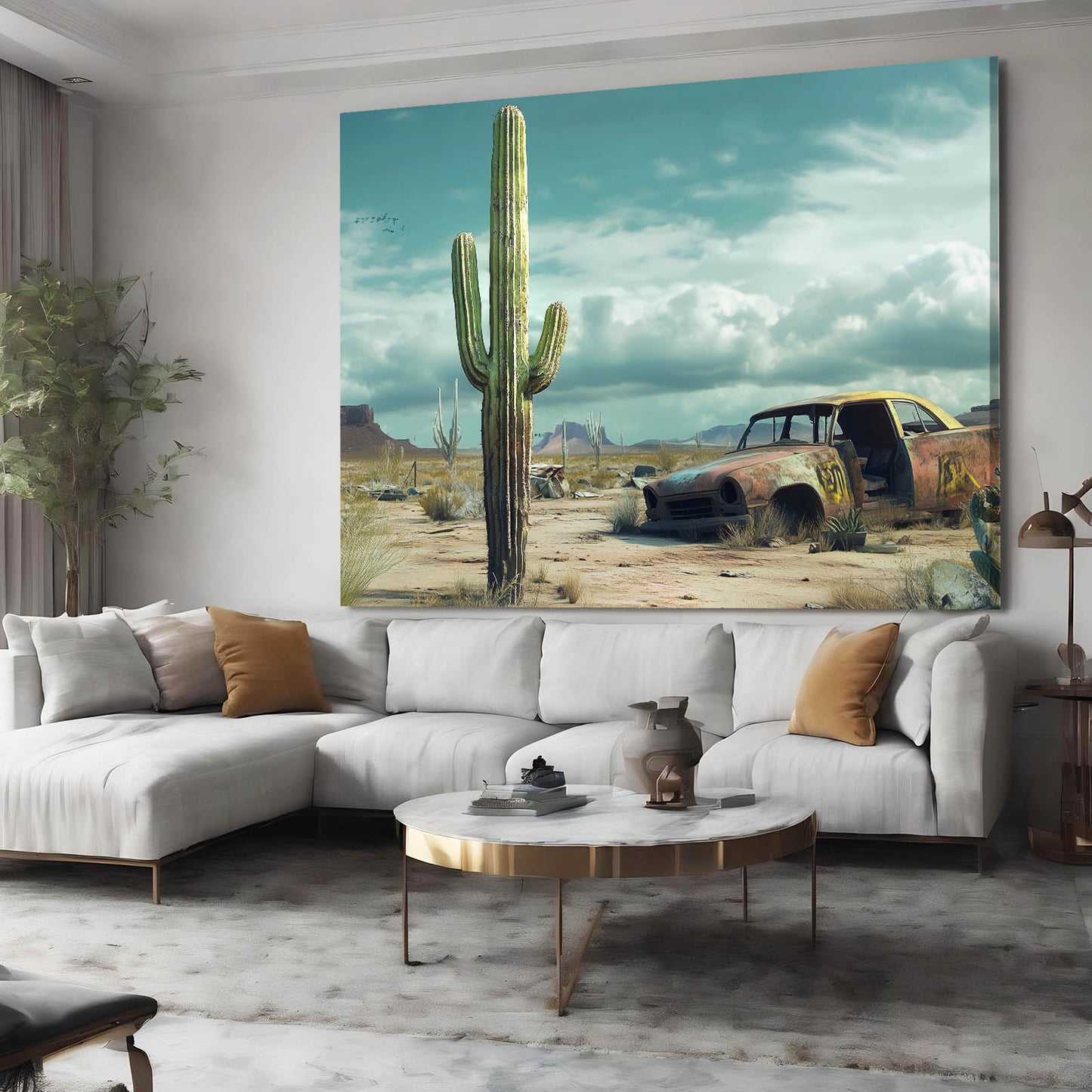 Abandoned Desert Car Cactus Prints – styled in a furnished interior