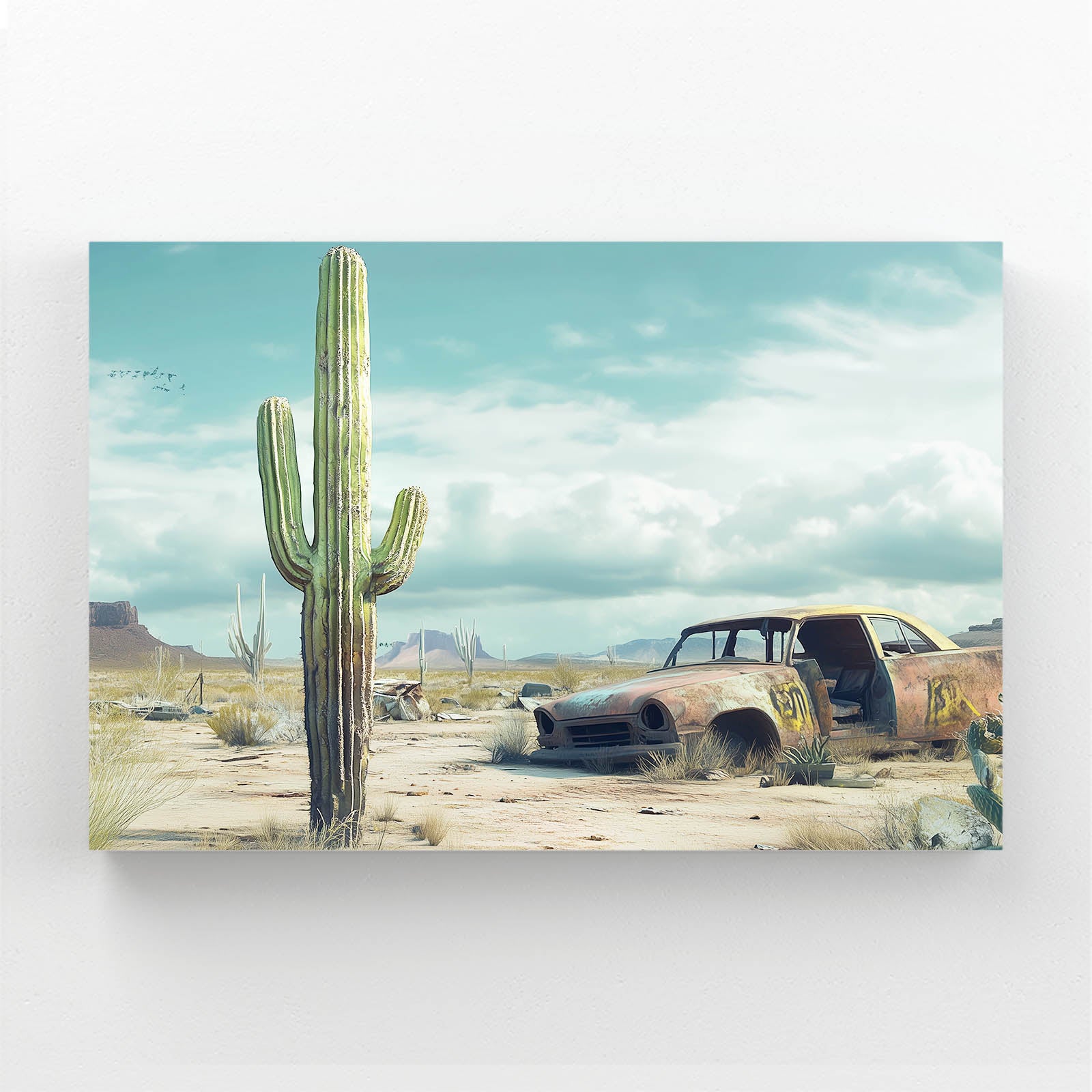 Abandoned Desert Car Cactus Prints – styled in a furnished interior