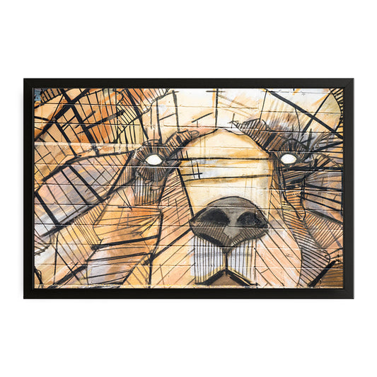 Abstract Bear Art — contemporary canvas print in orange tones, with Premium Black frame on white background
