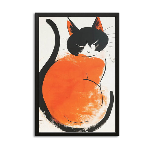 Abstract Cat Wall Art — black and white canvas print in orange tones, with Premium Black frame on white background