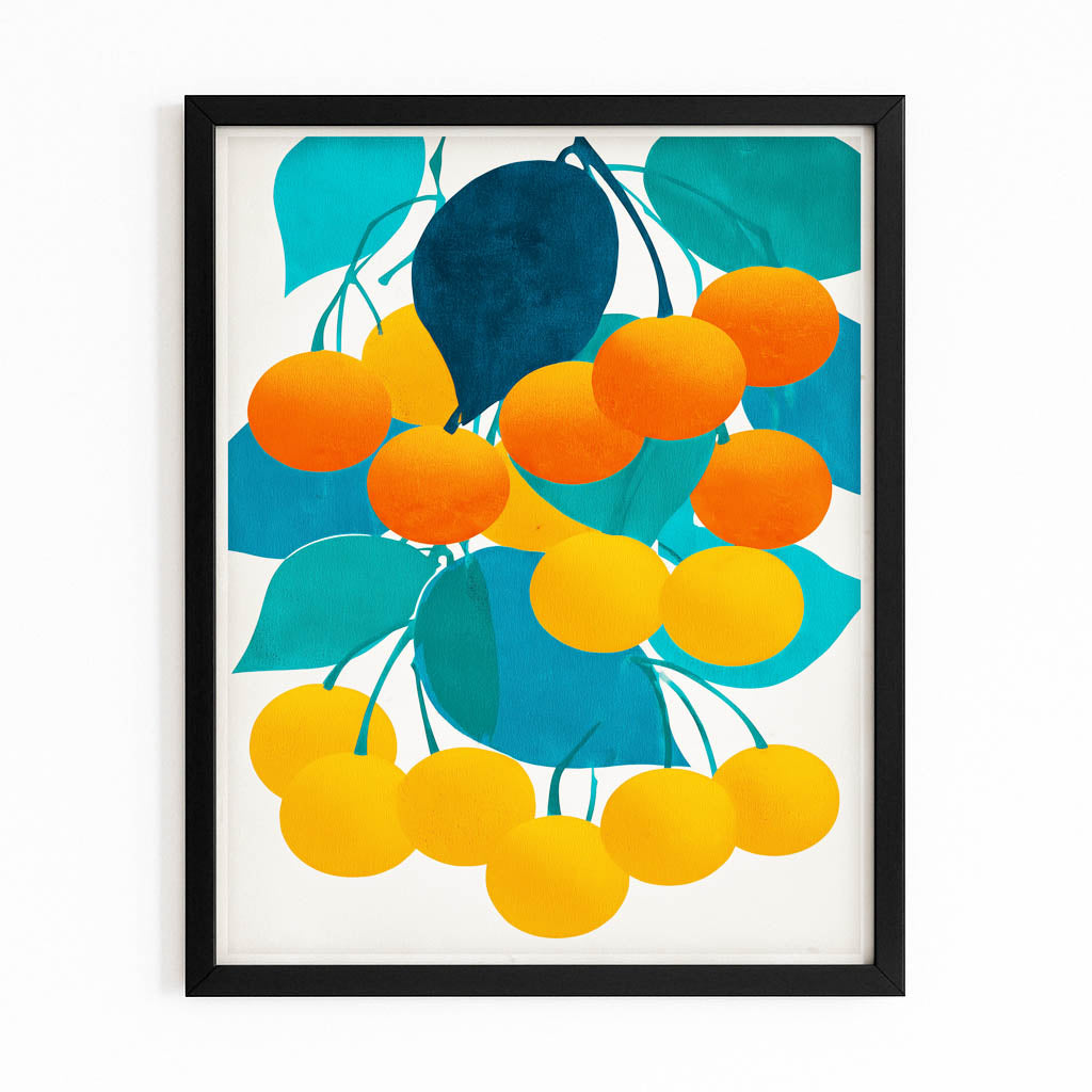 Abstract Cherry Cluster Fruit Wall Art – with Premium Black frame on white background