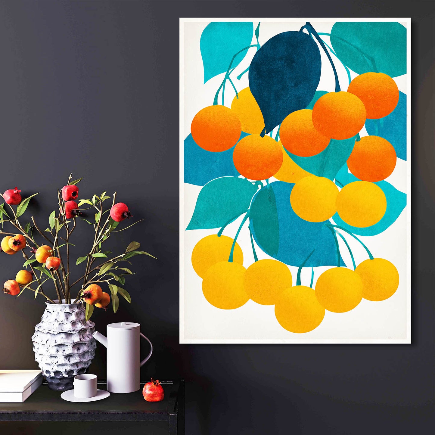 Abstract Cherry Cluster Fruit Wall Art – styled in a furnished interior