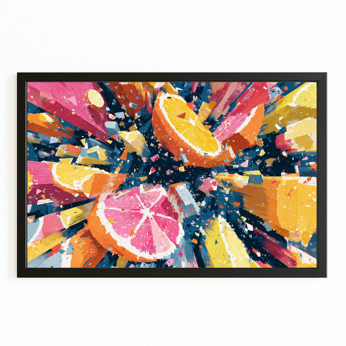 Abstract Citrus Burst Fruit Canvas – with Premium Black frame on white background