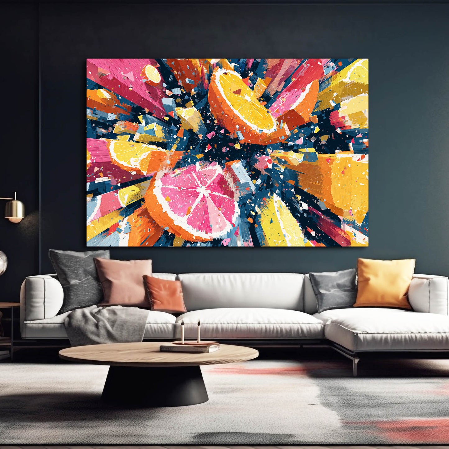 Abstract Citrus Burst Fruit Canvas – styled in a furnished interior