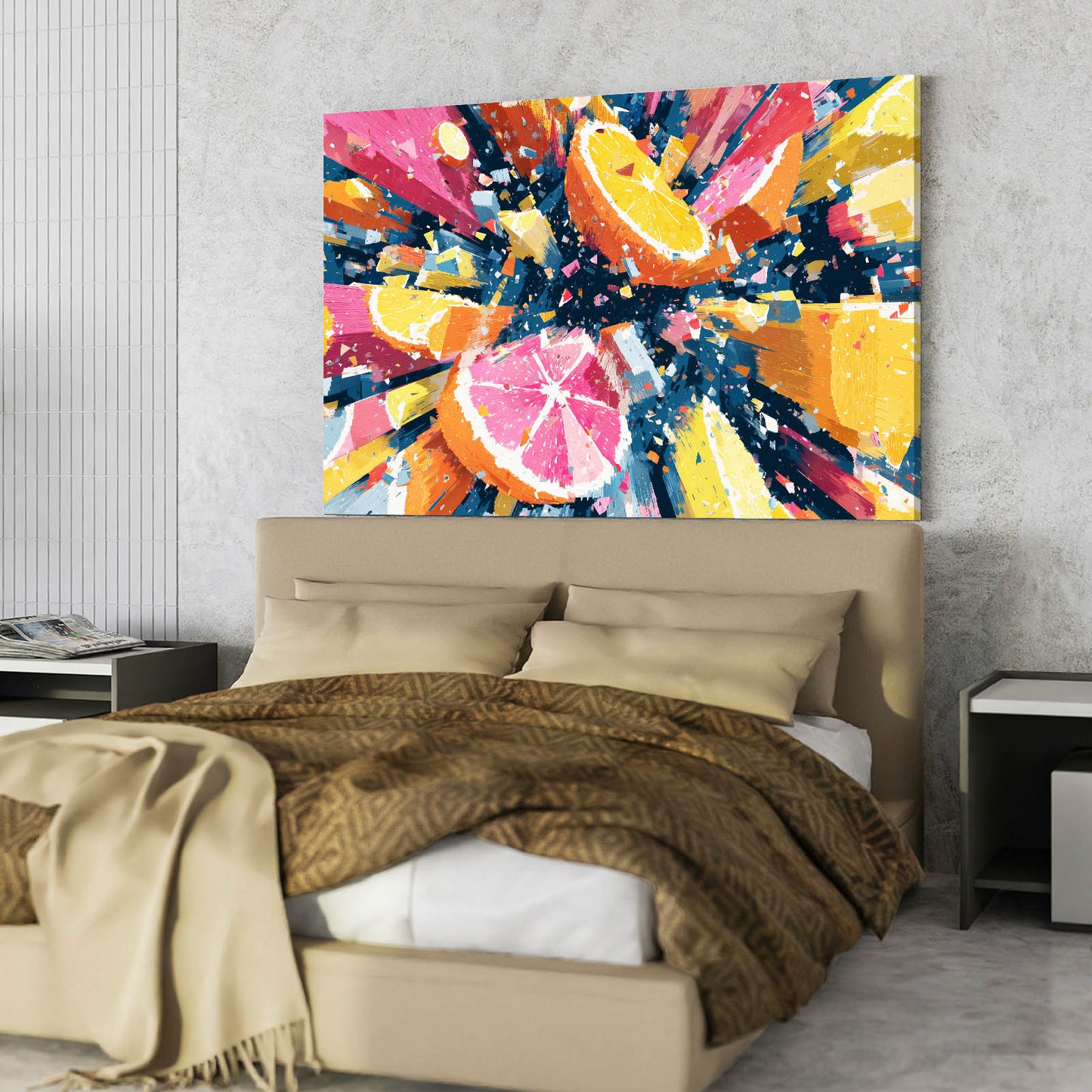 Abstract Citrus Burst Fruit Canvas – styled in a furnished interior