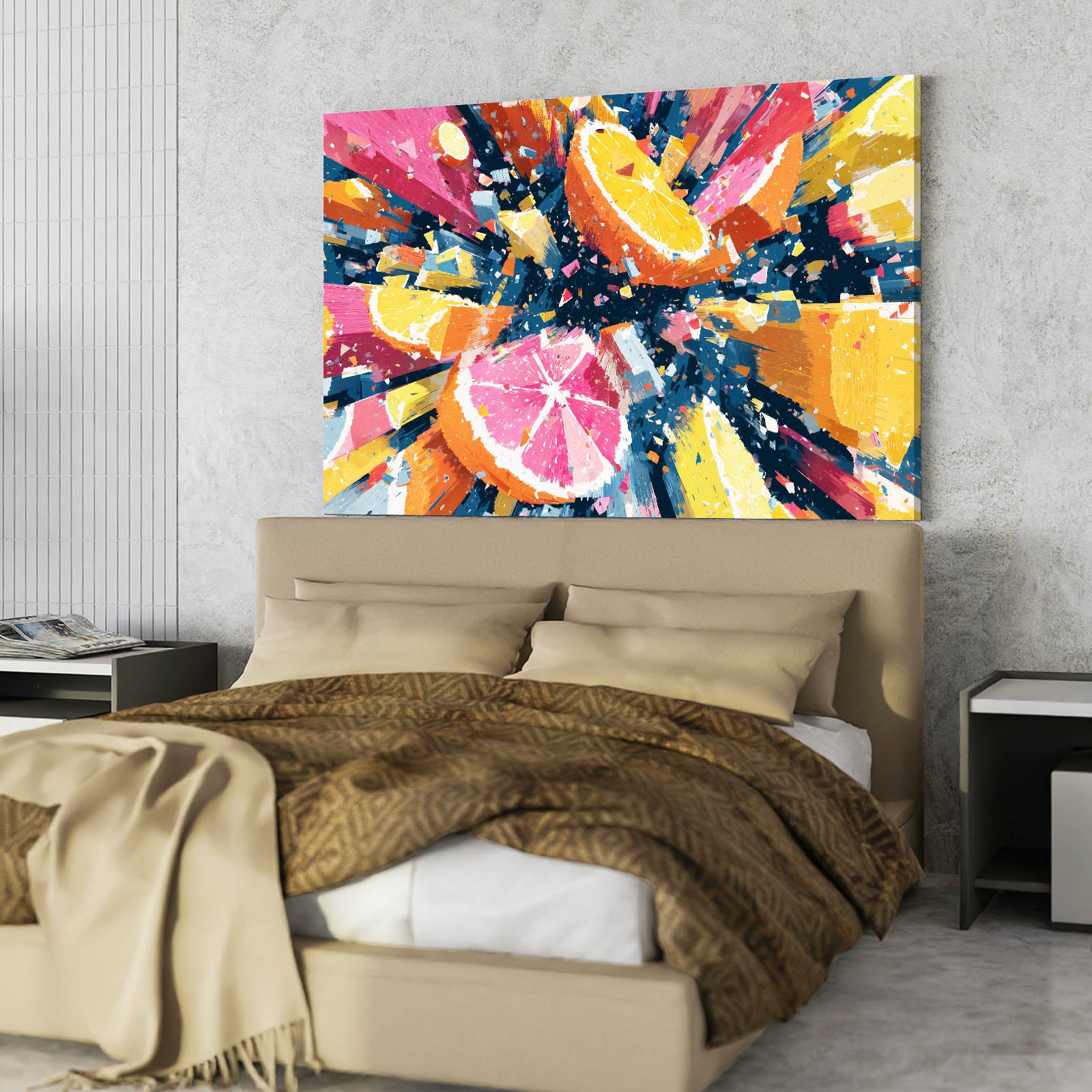 Abstract Citrus Burst Fruit Canvas – styled in a furnished interior