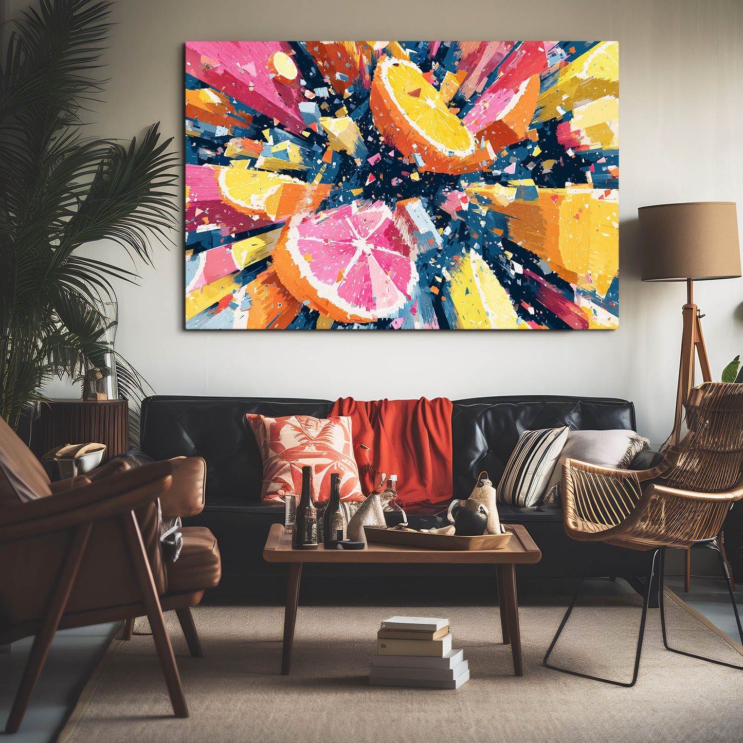 Abstract Citrus Burst Fruit Canvas – styled in a furnished interior