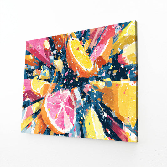 Abstract Citrus Burst Fruit Canvas – angled canvas view on white background