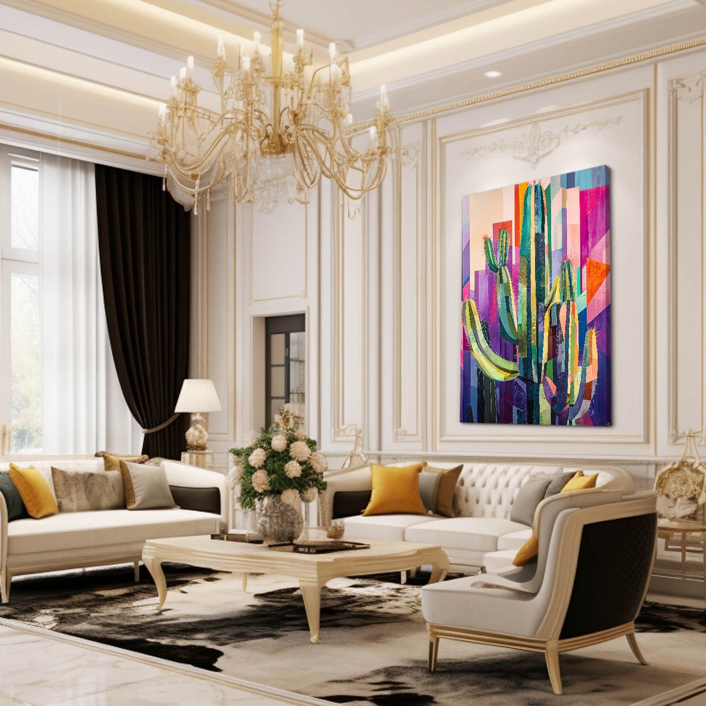Abstract Color Panels Cactus Prints – styled in a furnished interior
