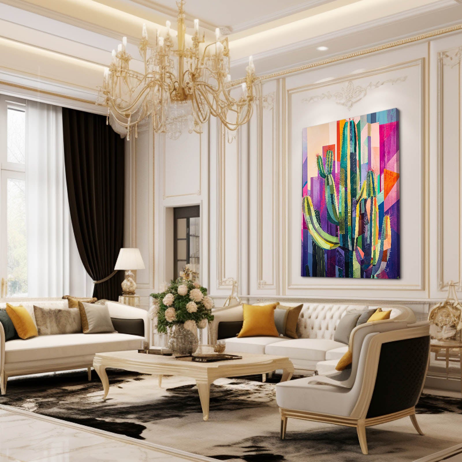Abstract Color Panels Cactus Prints – styled in a furnished interior