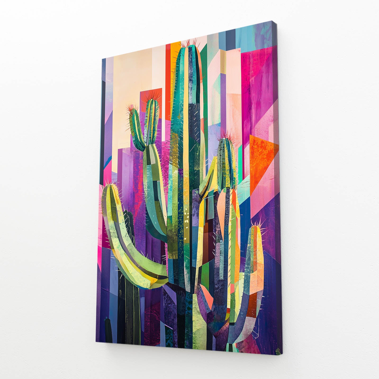 Abstract Color Panels Cactus Prints – angled canvas view on white background