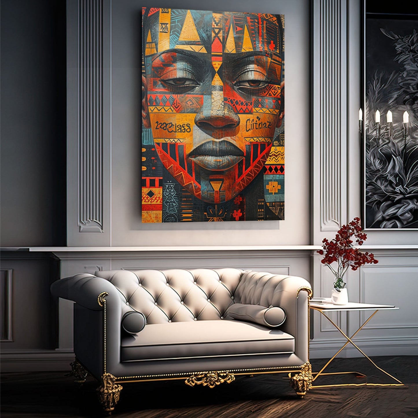 Abstract Face African Art — african art canvas print in orange tones, view 3