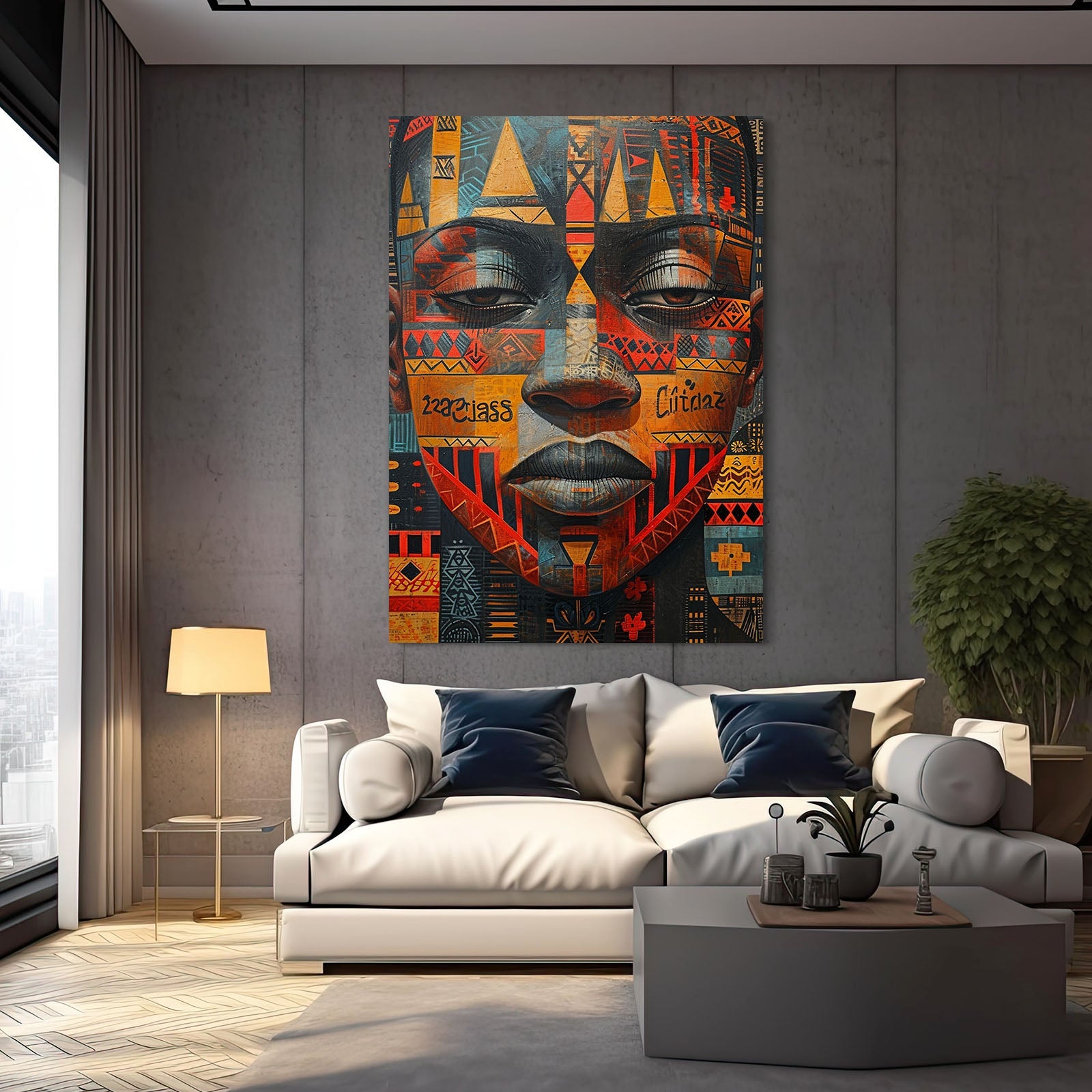 Abstract Face African Art — african art canvas print in orange tones, view 5