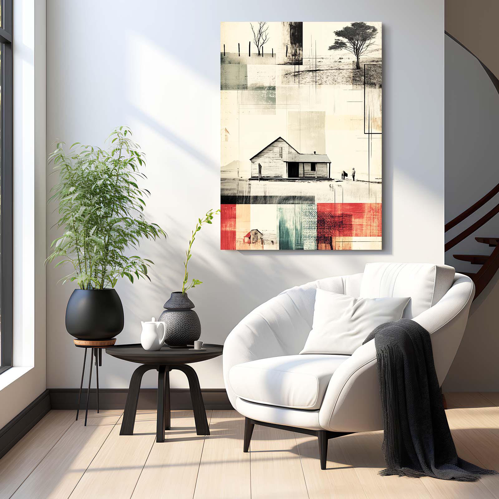Abstract Farmhouse Collage Farmhouse Canvas Art – styled in a furnished interior