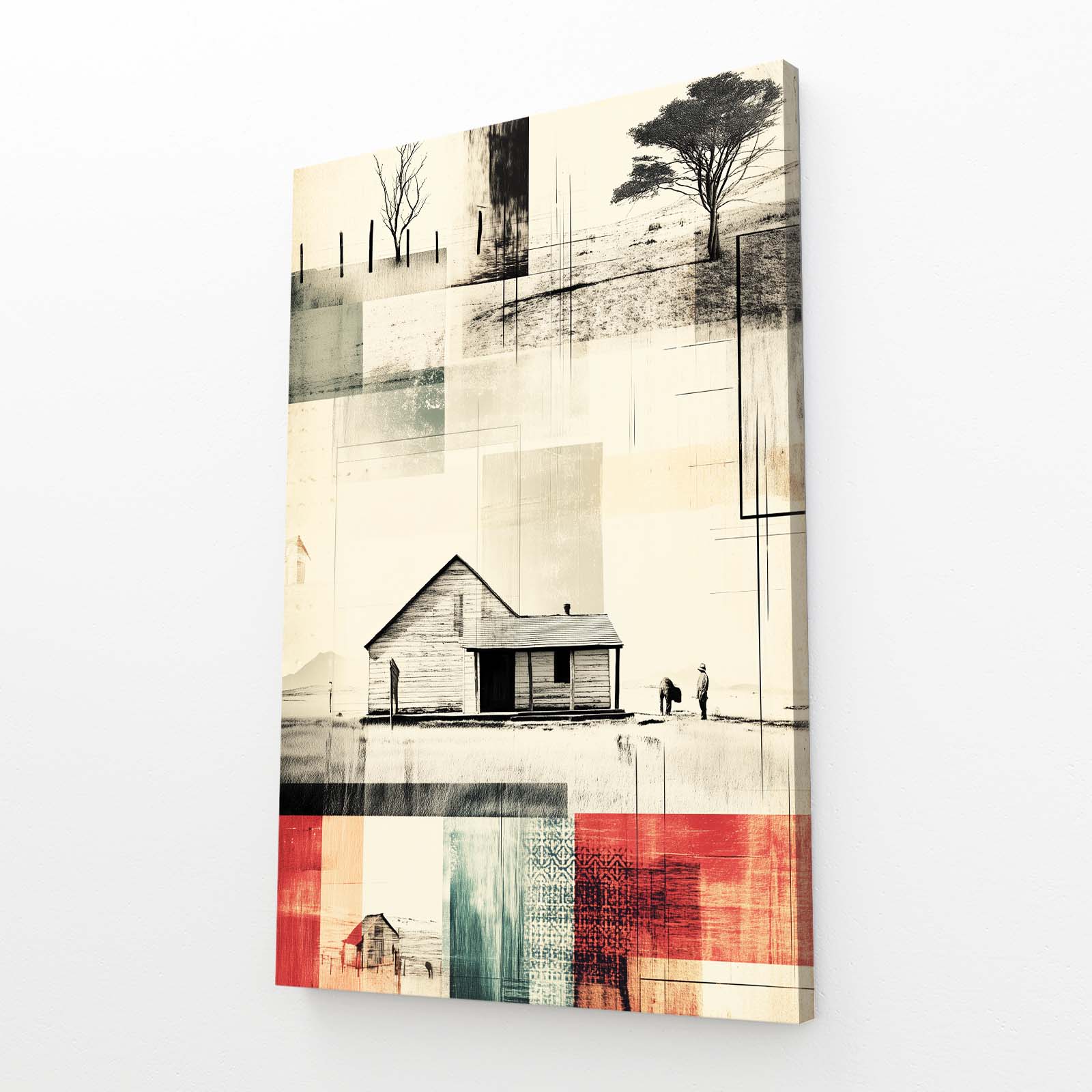 Abstract Farmhouse Collage Farmhouse Canvas Art – angled canvas view on white background