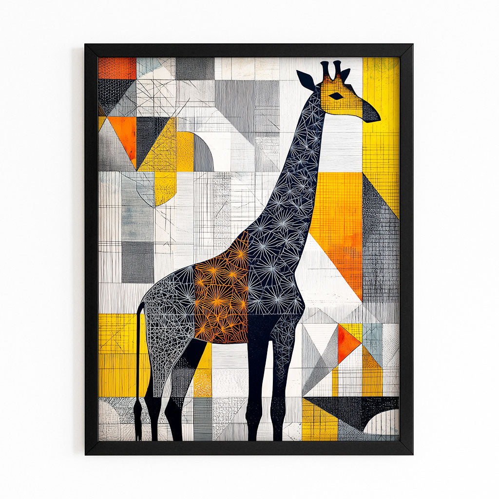Framed artwork of a giraffe with geometric patterns on a white background