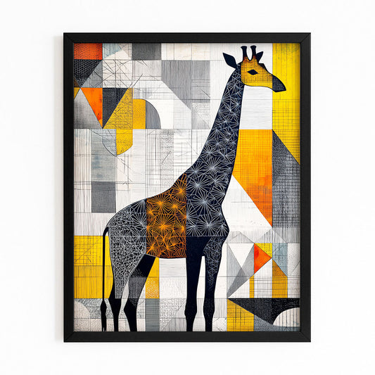 Framed artwork of a giraffe with geometric patterns on a white background